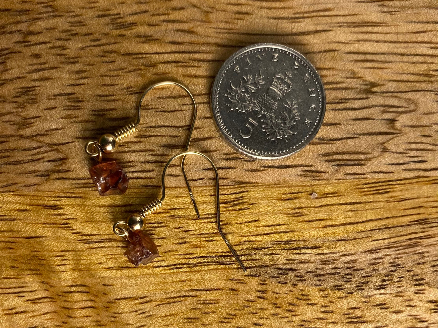 9ct Gold 4mm Zircon Dangle Earrings, 925 Sterling Silver Red Zircon Drop Earrings, Natural Zircon Dangle Drop Earrings, 9k Rough Crystal
