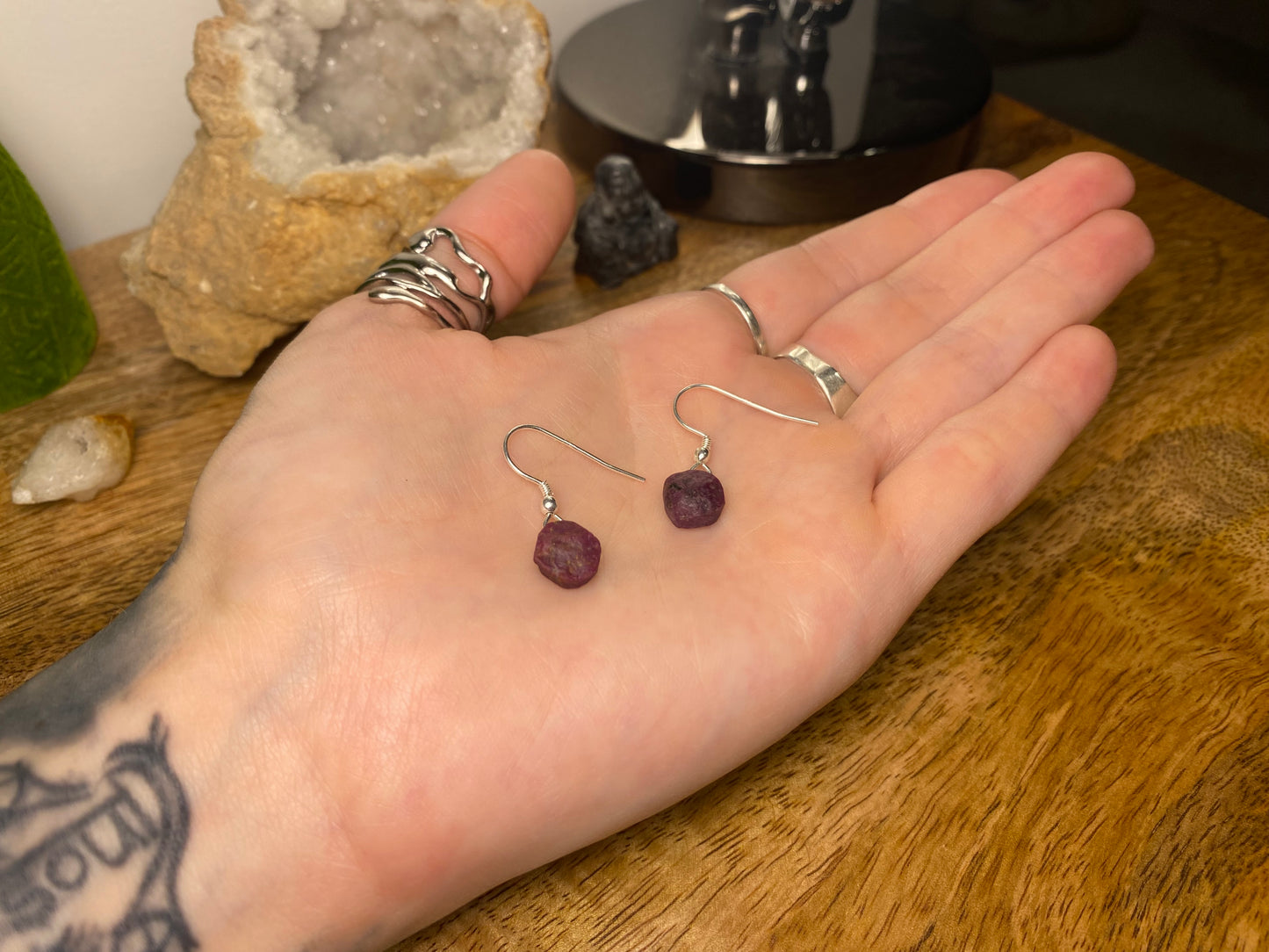 9ct Gold 10mm Ruby Dangle Earrings, 925 Sterling Silver Raw Red Ruby Drop Earrings, Natural Ruby Dangle Drop Earrings, 9k Rough Crystal
