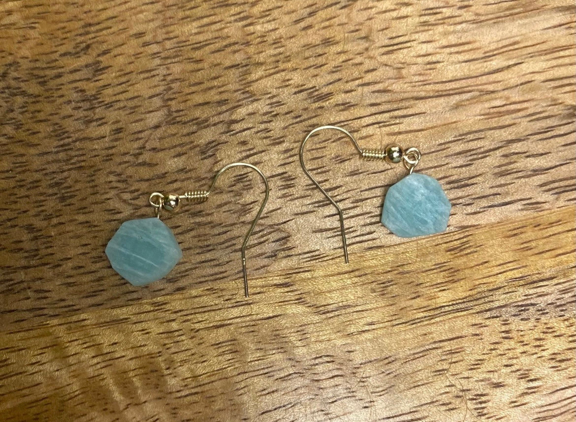 9ct Gold 10mm Amazonite Dangle Earrings, 925 Sterling Silver Raw Blue Amazonite Drop Earrings, Natural Amazonite Dangle Drop Earrings, 9k Rough Crystal
