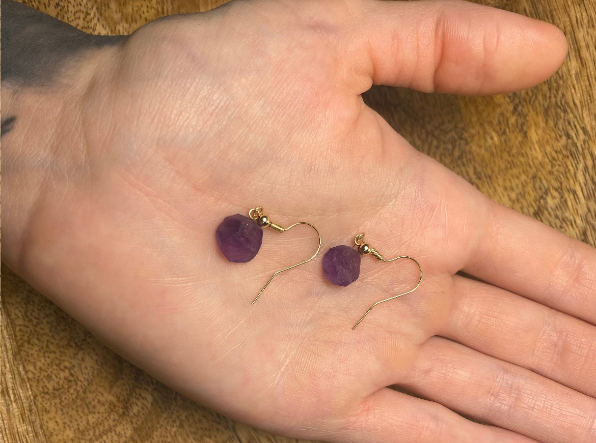 9ct Gold 10mm Amethyst Dangle Earrings, 925 Sterling Silver Raw Purple Amethyst Drop Earrings, Natural Amethyst Dangle Drop Earrings, 9k Rough Crystal