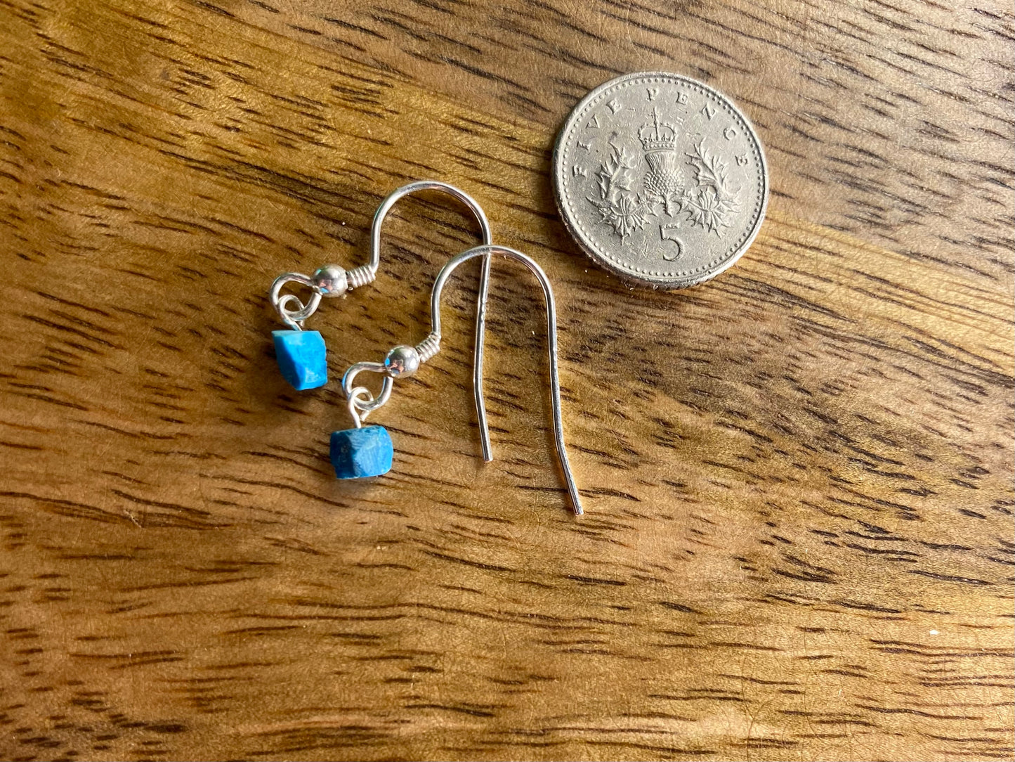 9ct Gold 4mm Turquoise Dangle Earrings, 925 Sterling Silver Blue Turquoise Drop Earrings, Natural Turquoise Dangle Drop Earrings, 9k Rough Crystal
