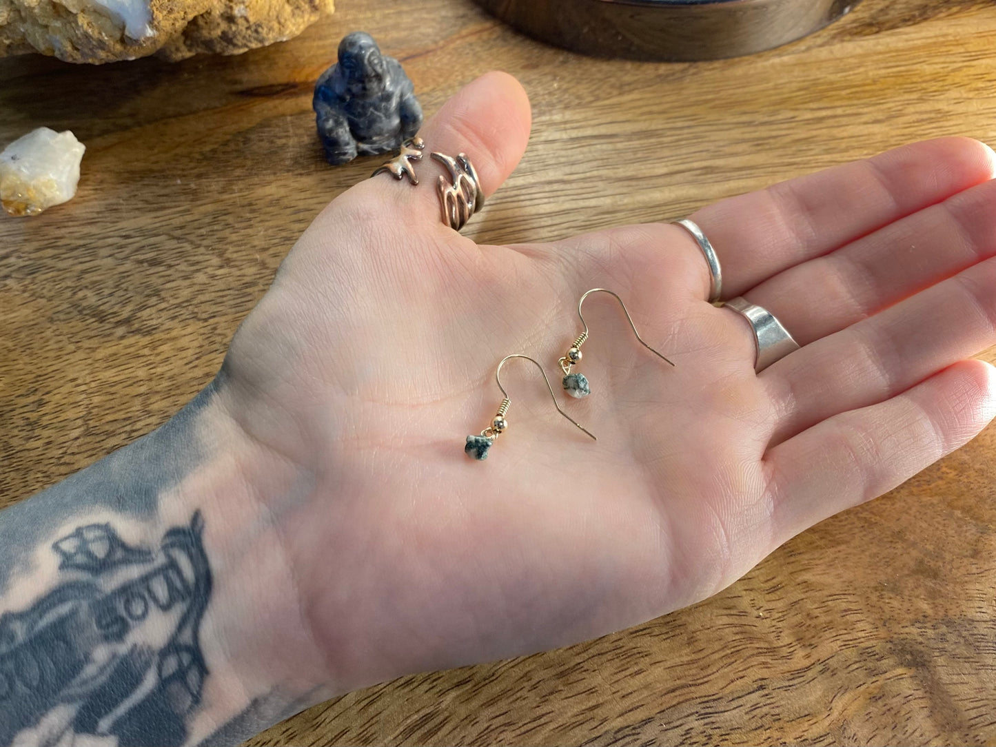 9ct Gold 4mm Moss Agate Dangle Earrings, 925 Sterling Silver Green Moss Agate Drop Earrings, Natural Moss Agate Dangle Drop Earrings, 9k Rough Crystal