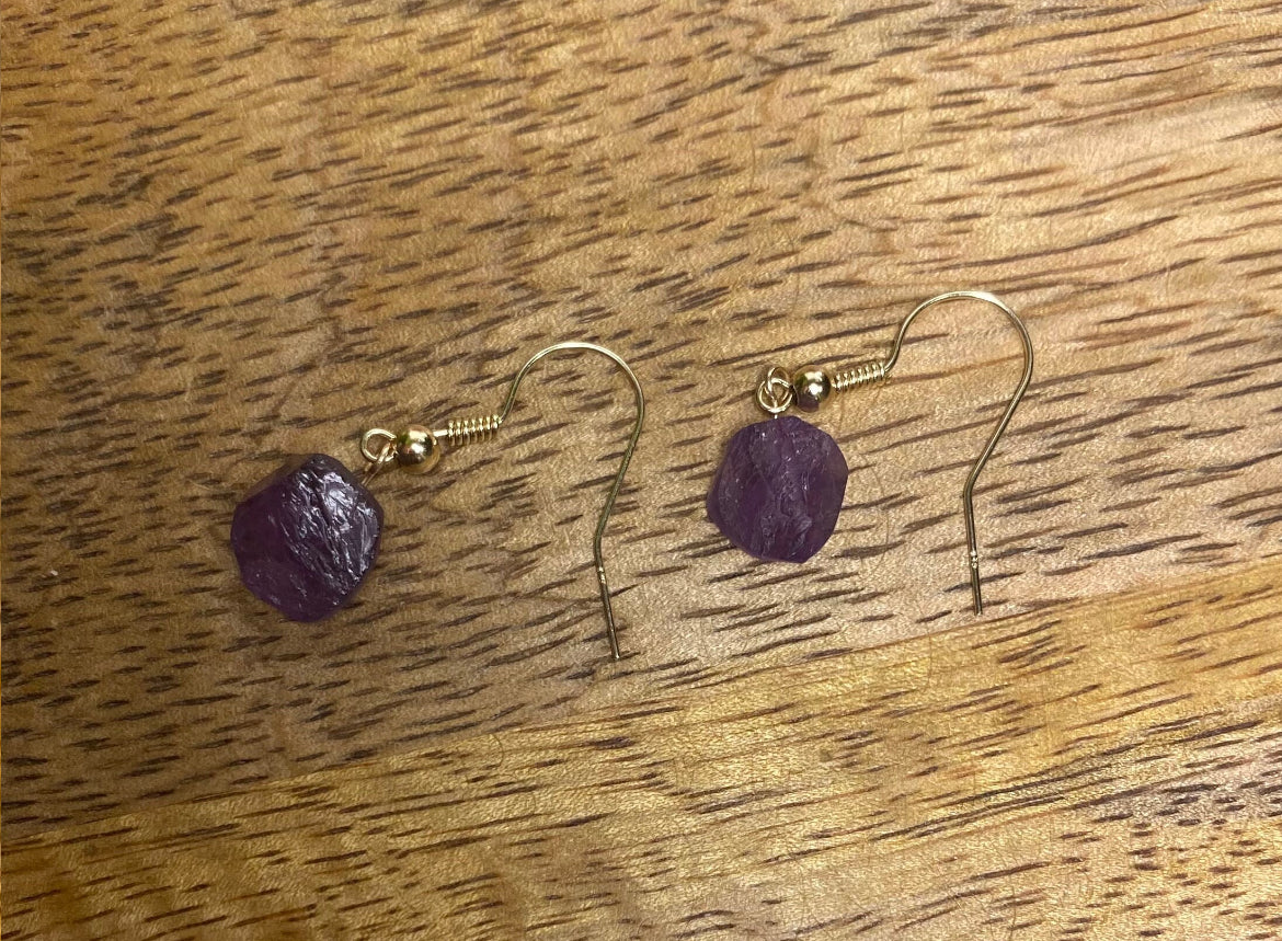 9ct Gold 10mm Amethyst Dangle Earrings, 925 Sterling Silver Raw Purple Amethyst Drop Earrings, Natural Amethyst Dangle Drop Earrings, 9k Rough Crystal