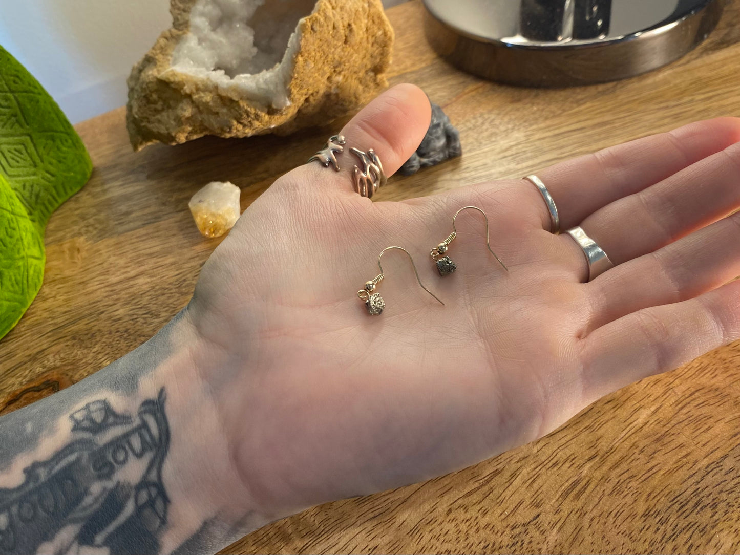 9ct Gold 4mm Pyrite Dangle Earrings, 925 Sterling Silver Pyrite Drop Earrings, Natural Pyrite Dangle Drop Earrings, 9k Rough Crystal