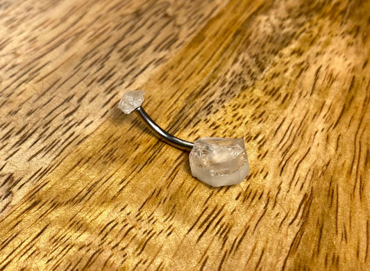 Quartz Belly Bar 1.6mm, Crystal Quartz Navel Bar 14g, 12mm Internally Threaded Curved Surgical Steel Bar, 4mm + 10mm Raw Natural Crystal