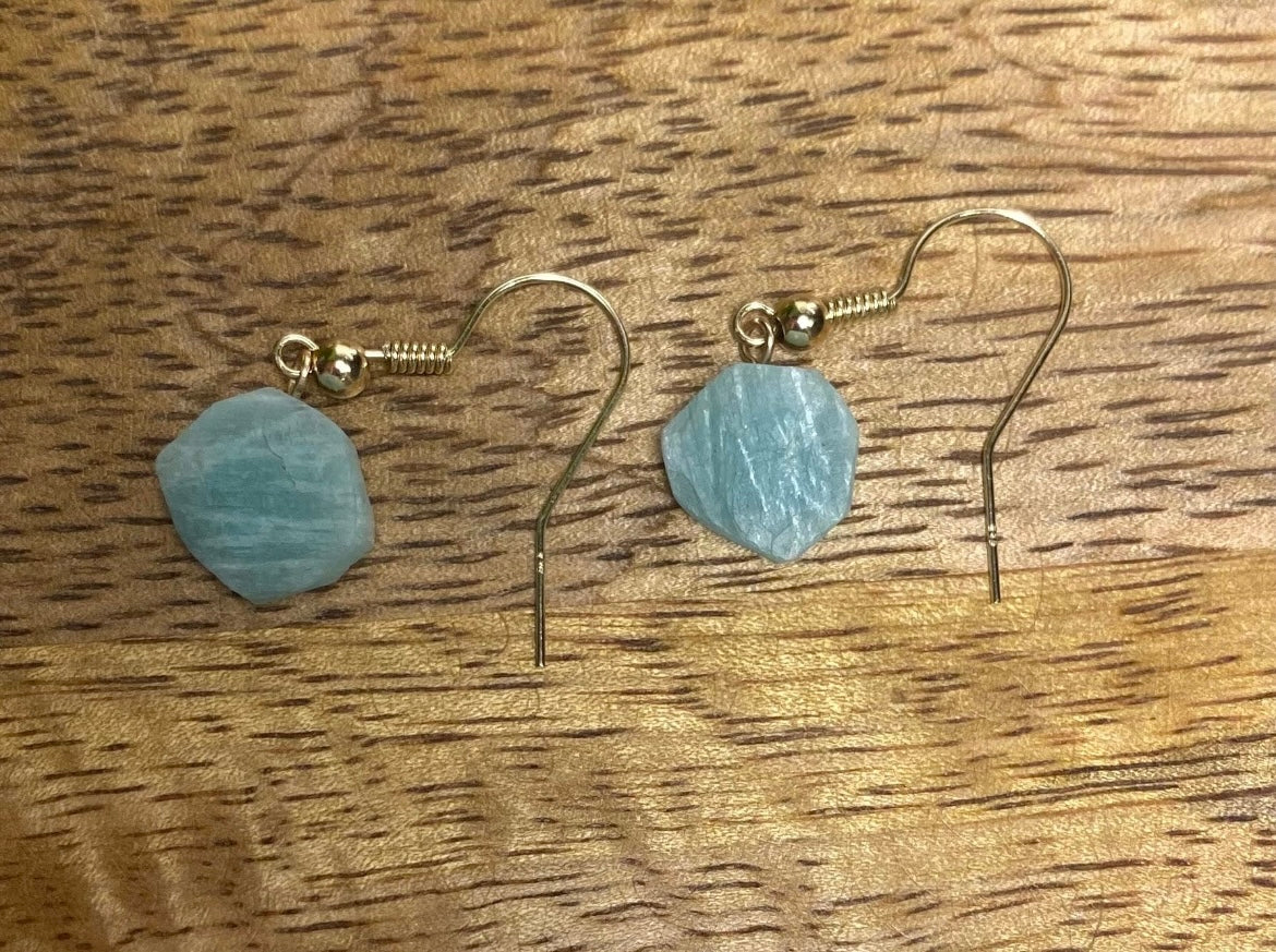 9ct Gold 10mm Amazonite Dangle Earrings, 925 Sterling Silver Raw Blue Amazonite Drop Earrings, Natural Amazonite Dangle Drop Earrings, 9k Rough Crystal