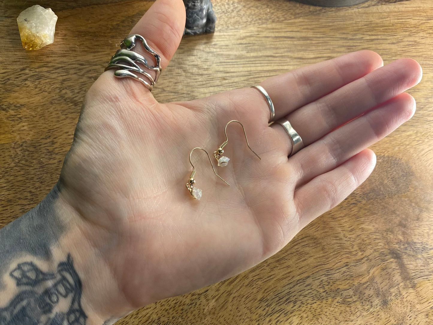 9ct Gold 4mm White Fire Opal Dangle Earrings, 925 Sterling Silver Rainbow Opal Drop Earrings, Natural Fire Opal Dangle Drop Earrings, 9k Rough Crystal