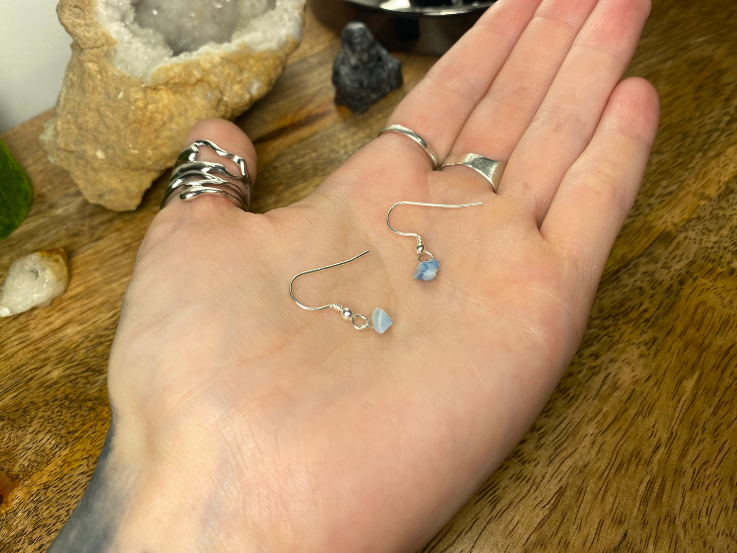 9ct Gold 4mm Opal Dangle Earrings, 925 Sterling Silver Blue Opal Drop Earrings, Natural Opal Dangle Drop Earrings, 9k Rough Crystal
