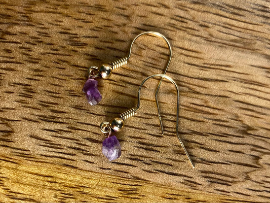 9ct Gold 4mm Amethyst Dangle Earrings, 925 Sterling Silver Purple Amethyst Drop Earrings, Natural Amethyst Dangle Drop Earrings, 9k Rough Crystal