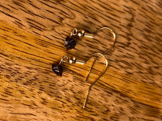 9ct Gold 4mm Obsidian Dangle Earrings, 925 Sterling Silver Black Obsidian Drop Earrings, Natural Obsidian Dangle Drop Earrings, 9k Rough Crystal