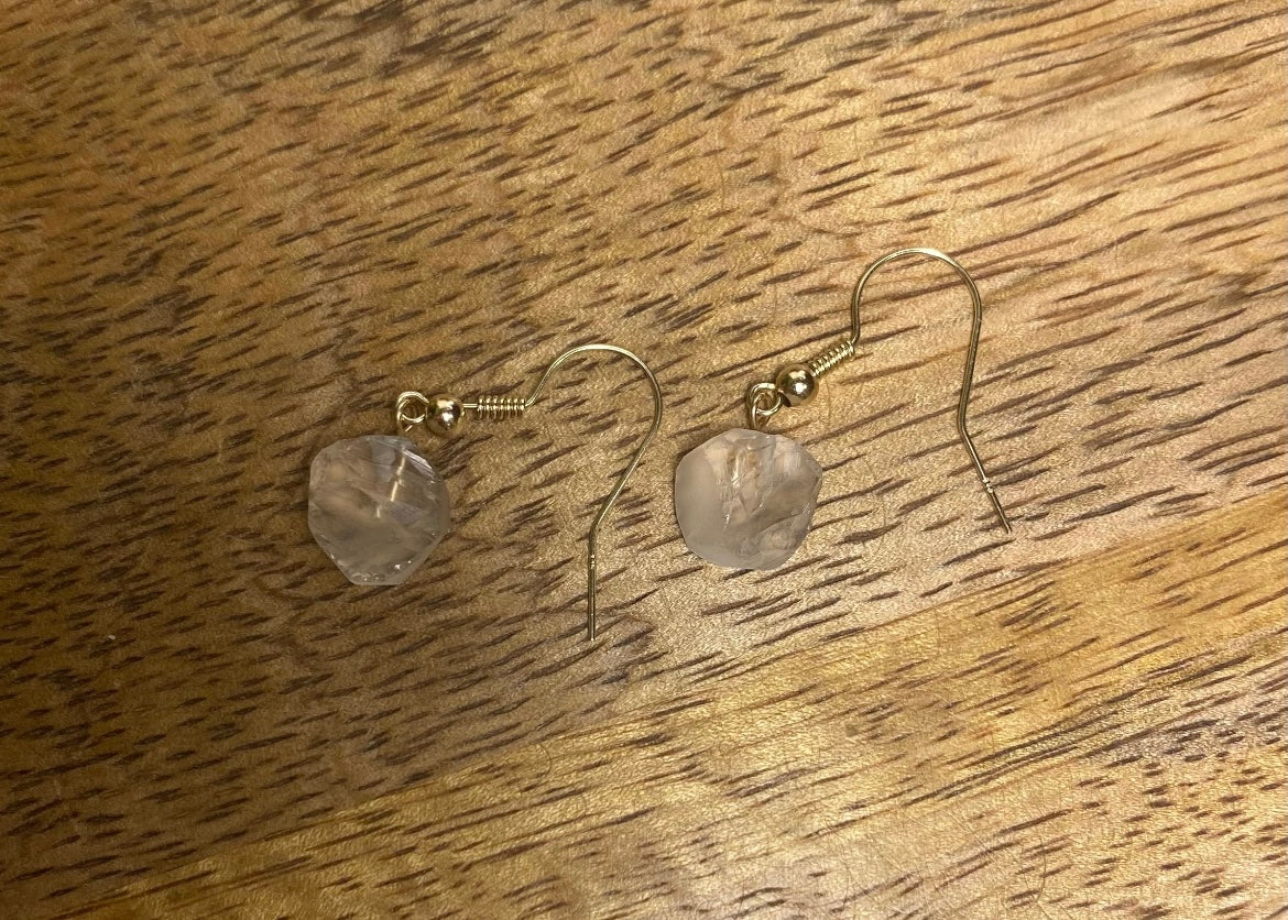 9ct Gold 10mm Quartz Dangle Earrings, 925 Sterling Silver Raw Crystal Quartz Drop Earrings, Natural Quartz Dangle Drop Earrings, 9k Rough Crystal
