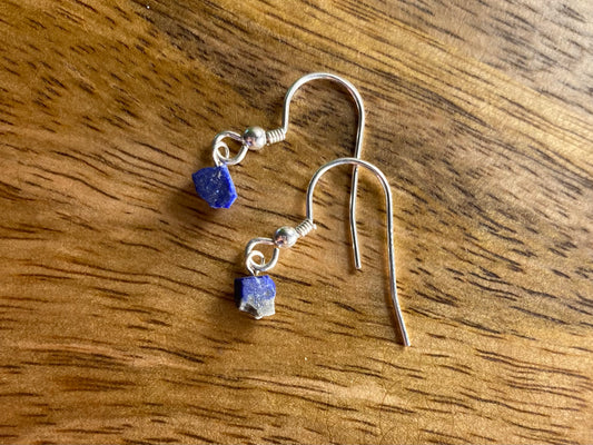 9ct Gold 4mm Lapis Lazuli Dangle Earrings, 925 Sterling Silver Blue Lapis Lazuli Drop Earrings, Natural Lapis Lazuli Dangle Drop Earrings, 9k Rough Crystal