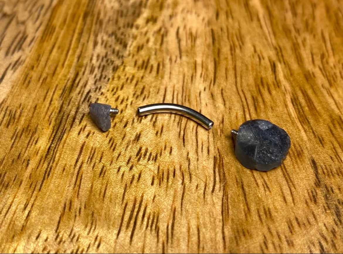 Sapphire Belly Bar 1.6mm, Blue Sapphire Navel Bar 14g, 12mm Internally Threaded Curved Surgical Steel Bar, 4mm + 10mm Raw Natural Crystal