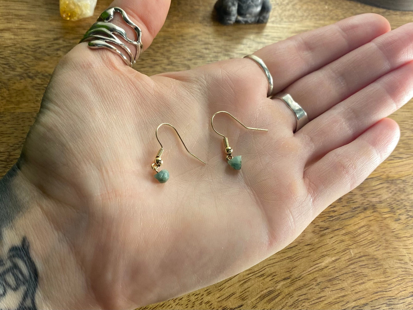 9ct Gold 4mm Emerald Dangle Earrings, 925 Sterling Silver Green Emerald Drop Earrings, Natural Emerald Dangle Drop Earrings, 9k Rough Crystal