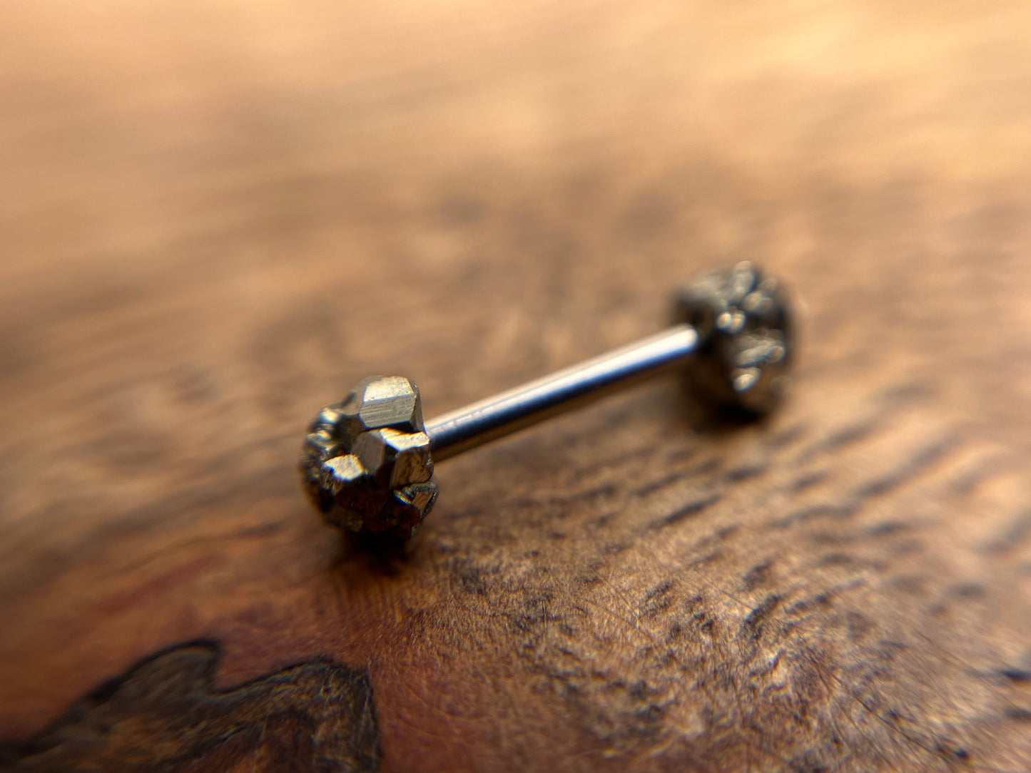 Pyrite Barbell 1.2mm, 16g Pyrite Bar Bell, 8mm-10mm Internally Threaded Surgical Steel Straight Or Curved Bar, 3mm Raw Natural Crystal