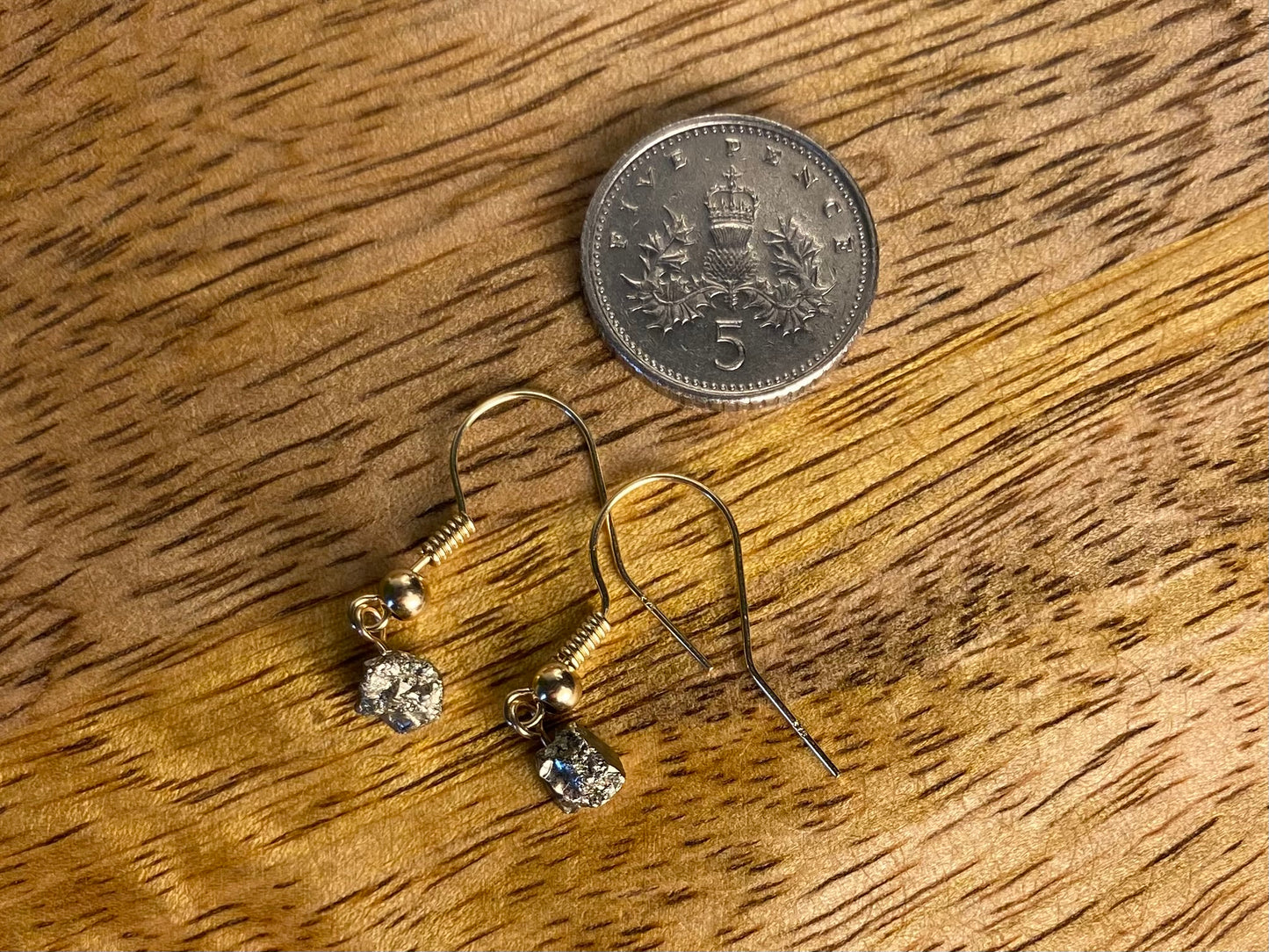9ct Gold 4mm Pyrite Dangle Earrings, 925 Sterling Silver Pyrite Drop Earrings, Natural Pyrite Dangle Drop Earrings, 9k Rough Crystal