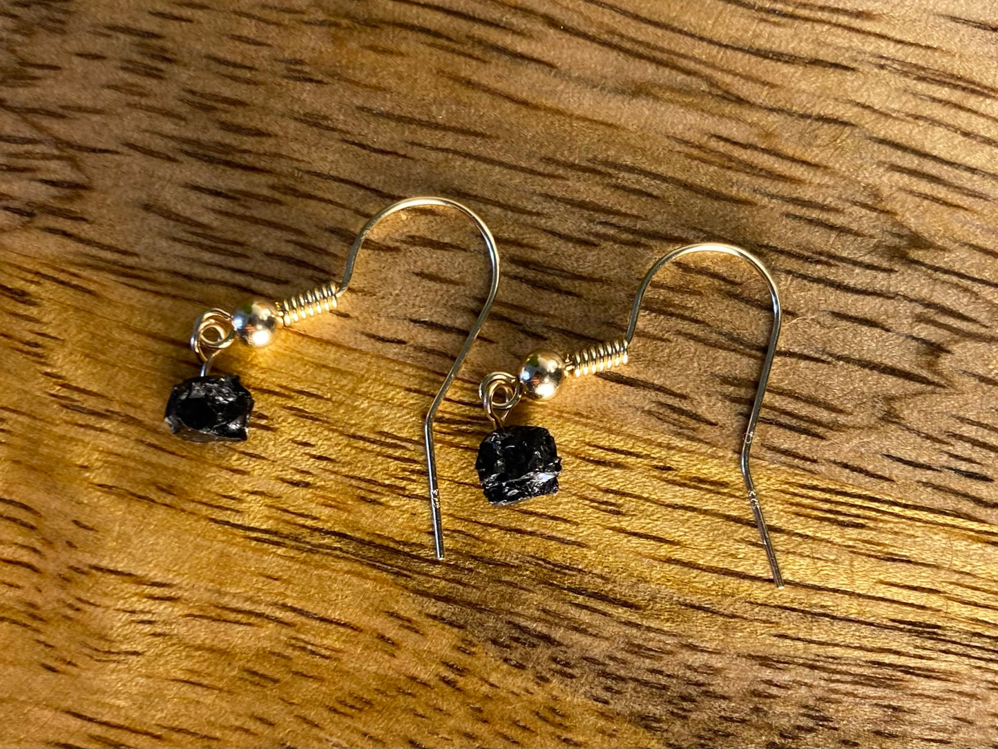 9ct Gold 4mm Tourmaline Dangle Earrings, 925 Sterling Silver Black Tourmaline Drop Earrings, Natural Tourmaline Dangle Drop Earrings, 9k Rough Crystal
