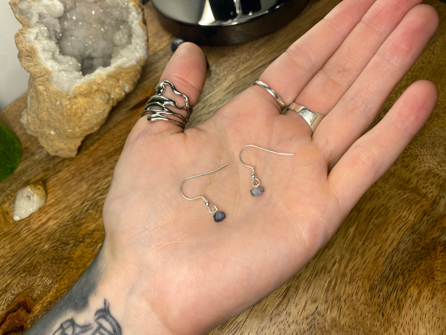 9ct Gold 4mm Sapphire Dangle Earrings, 925 Sterling Silver Blue Sapphire Drop Earrings, Natural Sapphire Dangle Drop Earrings, 9k Rough Crystal