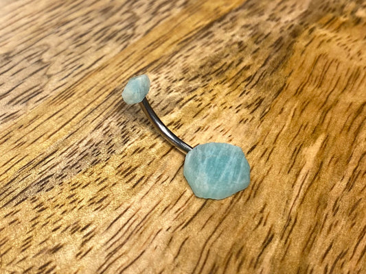 Amazonite Belly Bar 1.6mm, Blue Amazonite Navel Bar 14g, 12mm Internally Threaded Curved Surgical Steel Bar, 4mm + 10mm Raw Natural Crystal