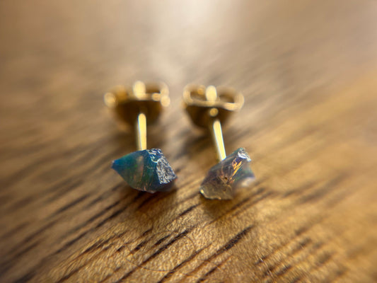 9ct or 18ct Gold Rainbow Fire Opal Stud Earrings, Natural Fire Opal Earrings, Raw Crystal Earrings, Raw Black Fire Opal Jewellery, Minimalist Earring Studs