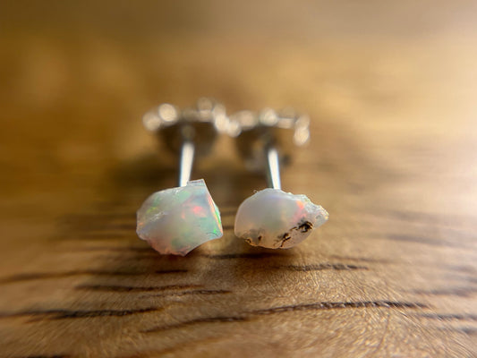 925 Silver Rainbow Fire Opal Stud Earrings, Raw Fire Opal Earrings, Natural Crystal Earrings, October Birthstone Earrings, Dainty White Opal Studs